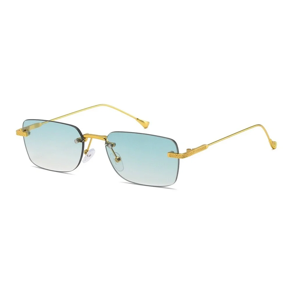Mens Rimless Rectangular Sunglasses Gold Frame Green Gradient Lens Retro Y2K New